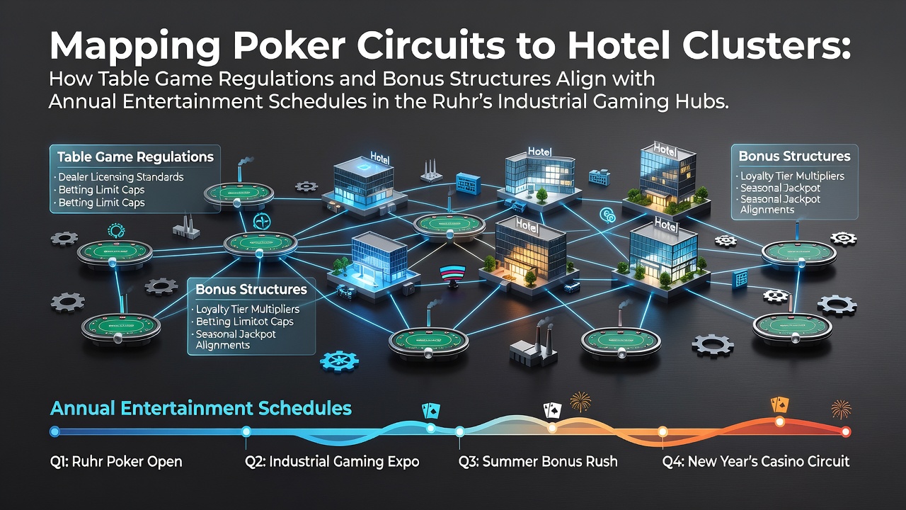 Karte der Poker-Routen und Hotel-Cluster im Ruhrgebiet mit Markierungen für Gaming-Hubs