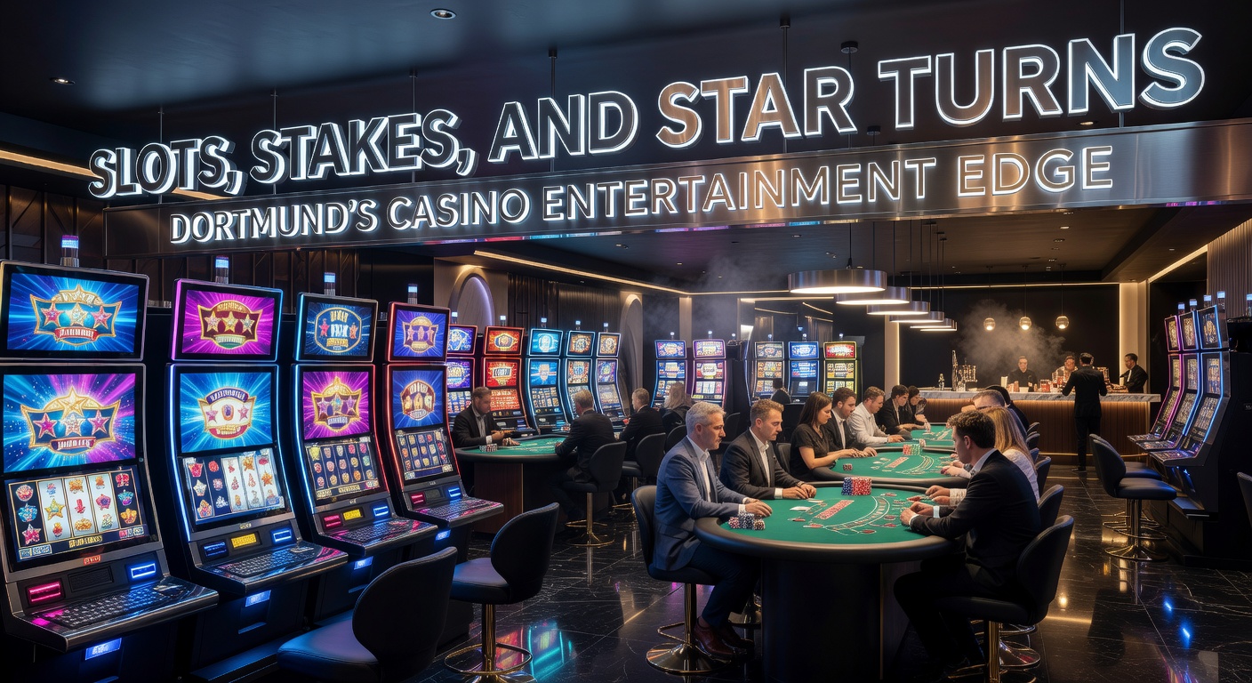 Leuchtende Slot-Maschinen und glitzernde Casino-Atmosphäre in Dortmund, mit Spielern in actionreicher Pose vor farbenfrohen Automaten